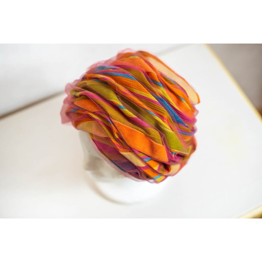 Vintage 60s Bright Colorful Christian Dior Hat, Turban Tulle Chapeaux Cloche - Picture 10 of 12